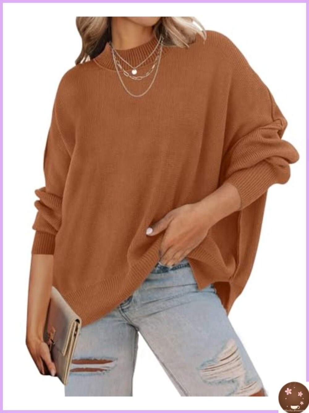 Oversized Ribbed Knit Sweater Batwing Sleeve Tunic Pullover